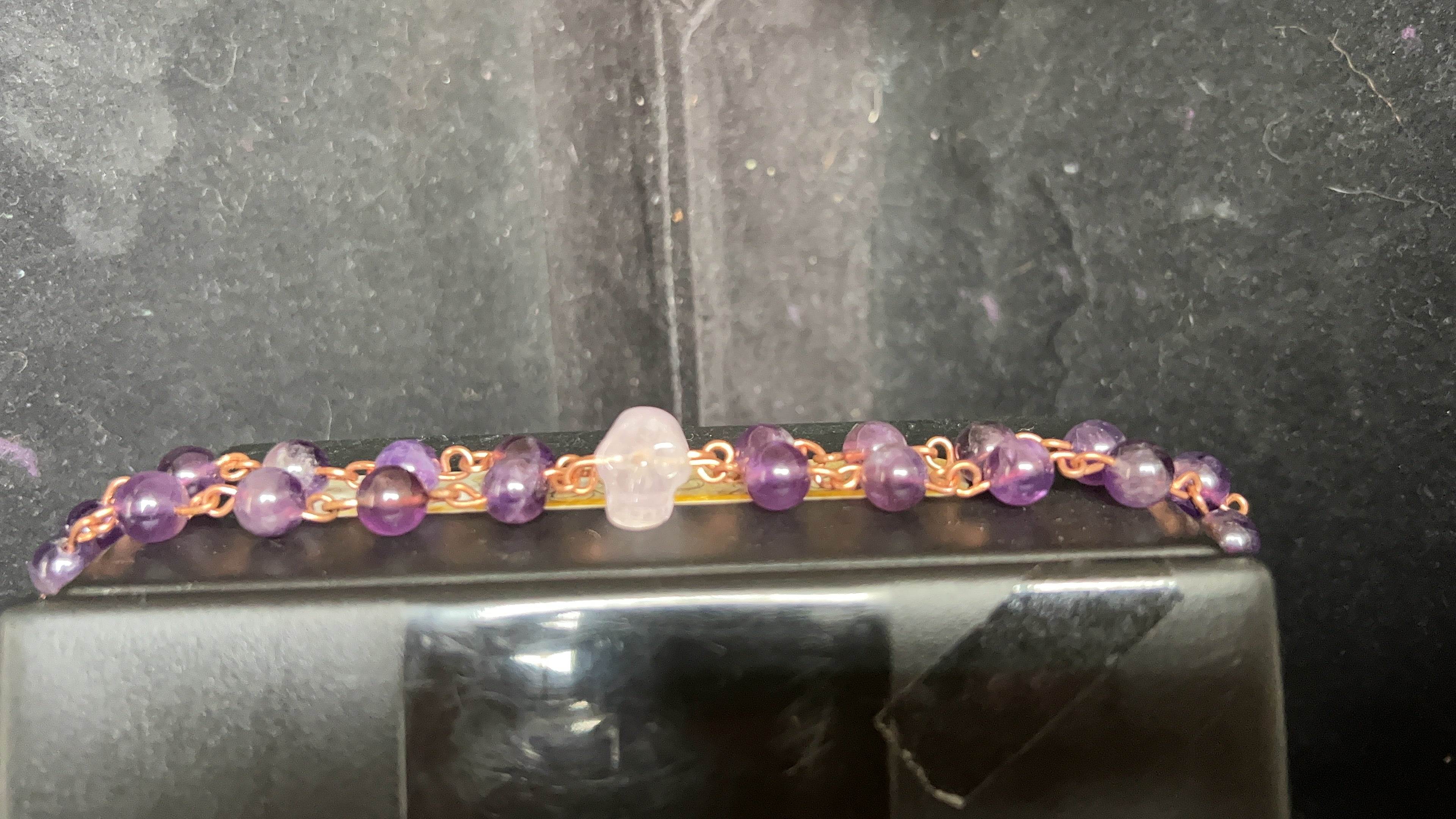 Double-Band Amethyst Skull Copper Bracelet