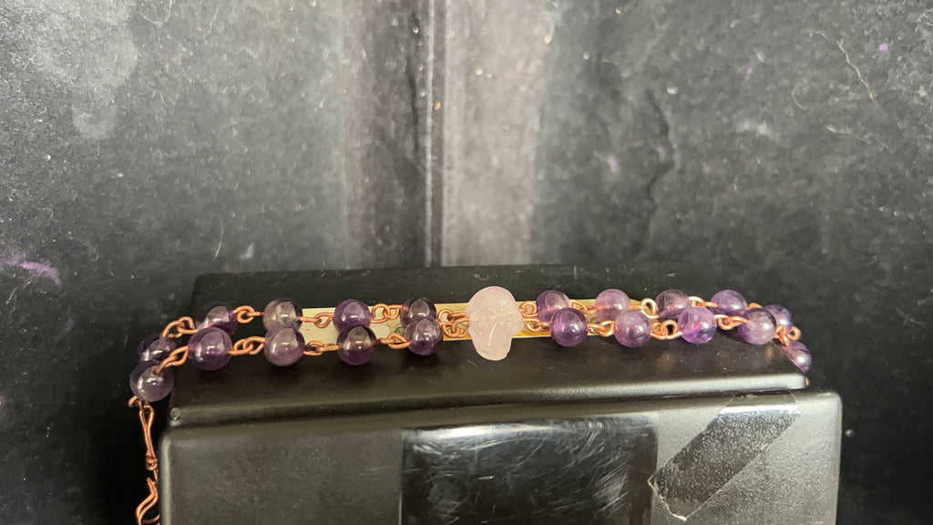 Double-Band Amethyst Skull Copper Bracelet