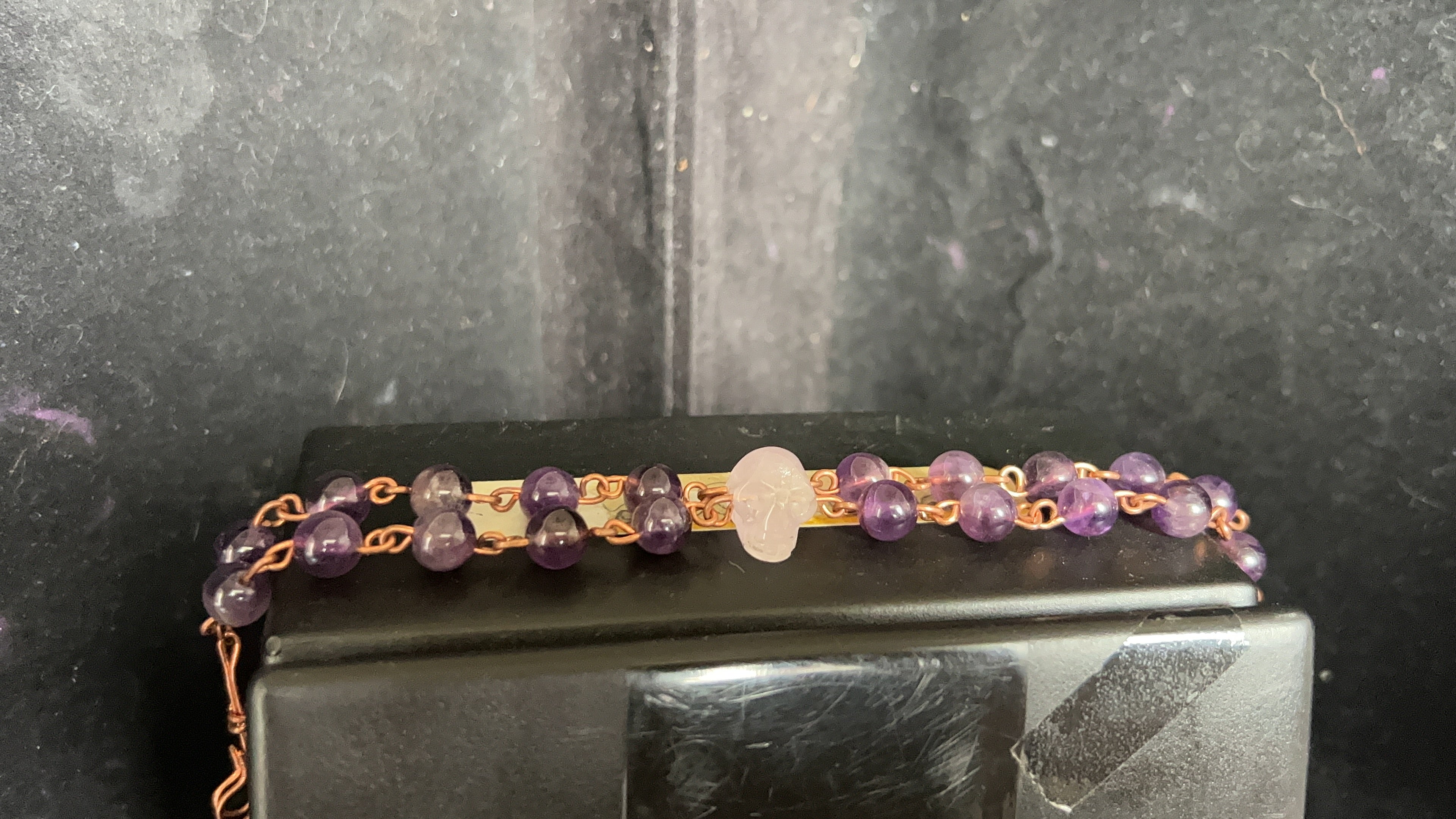 Double-Band Amethyst Skull Copper Bracelet