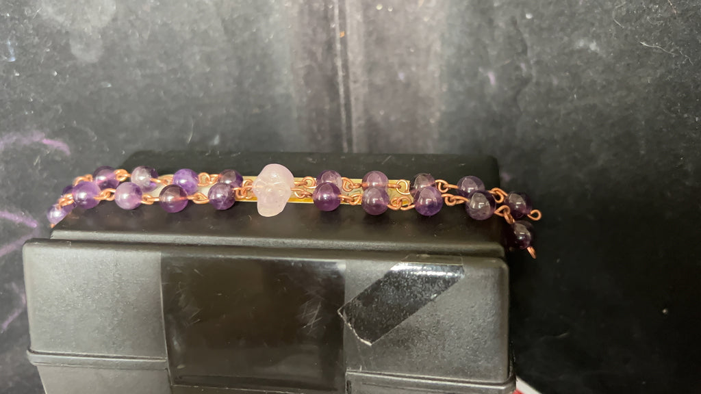 Double-Band Amethyst Skull Copper Bracelet