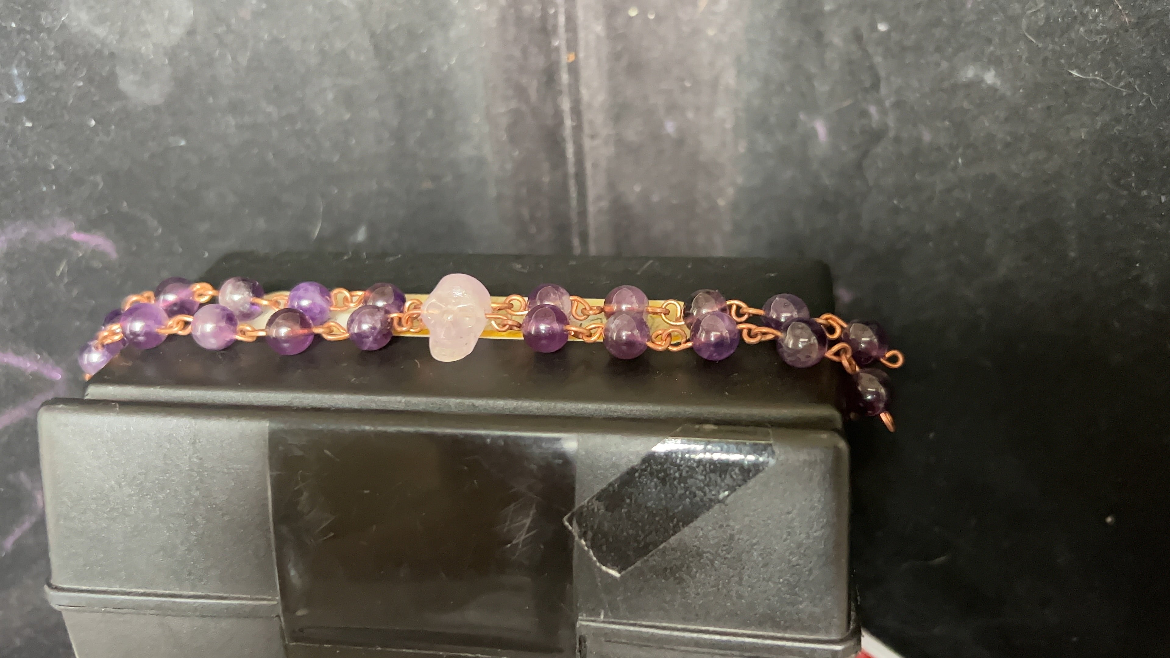 Double-Band Amethyst Skull Copper Bracelet