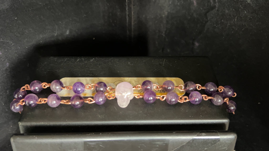 Double-Band Amethyst Skull Copper Bracelet