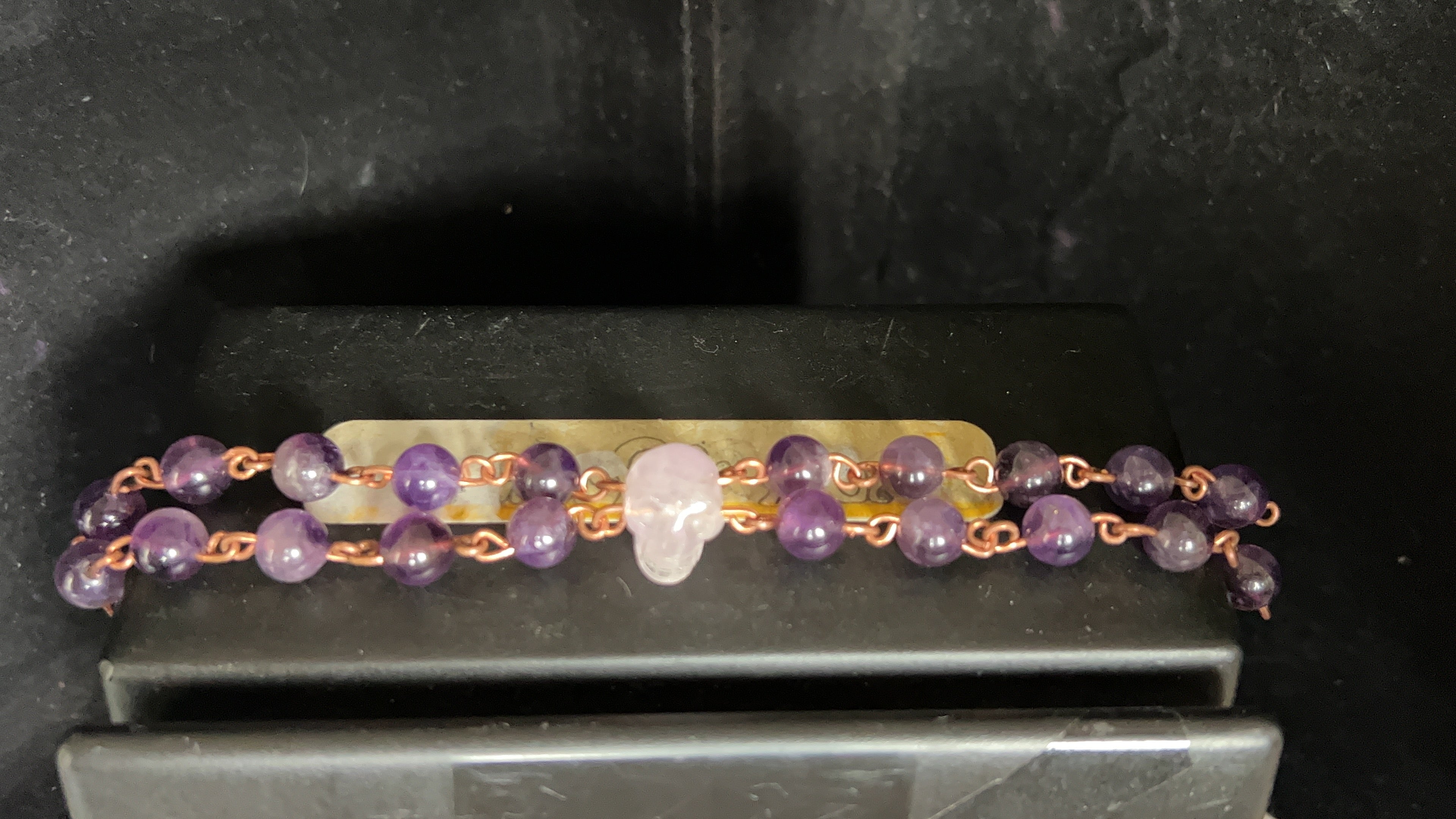 Double-Band Amethyst Skull Copper Bracelet
